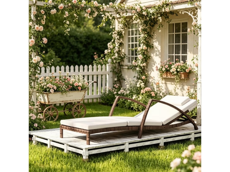Chaise longue jardin,185x72x78 cm,réglable à roulettes,résine tressée,beige marron - Conforama B