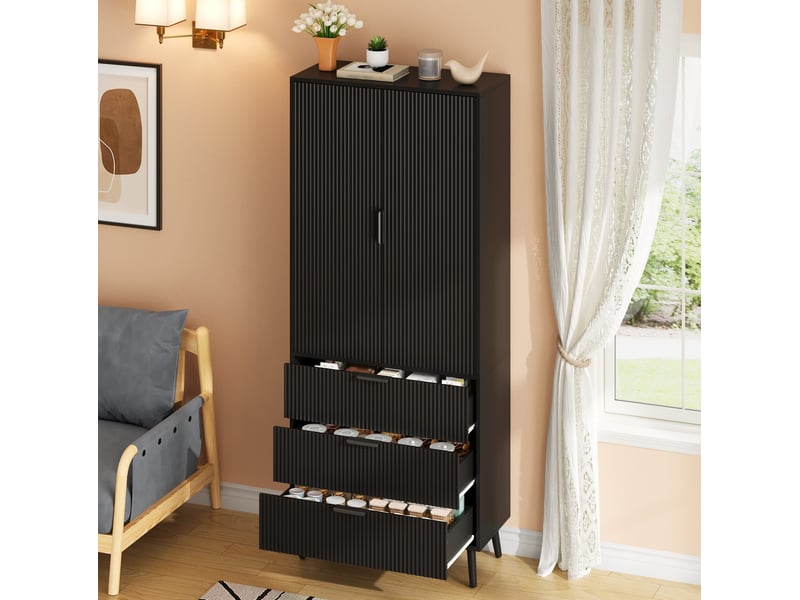  Armoire de cuisine haute 75x35x180 cm, 2 portes et 3 tiroirs, noir  - Conforama D