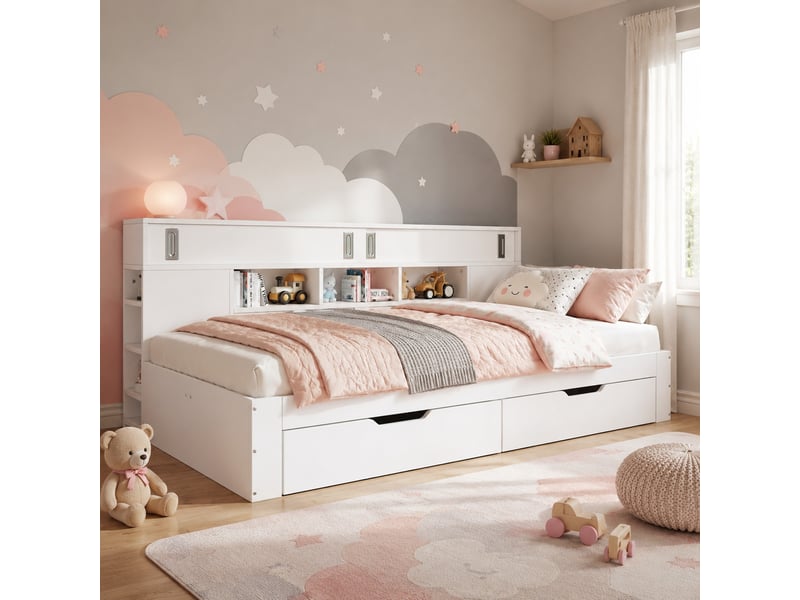 Lit banquette double 140×200 cm, 2 tiroirs, étagères et rangements - sans matelas, mdf - blanc - Conforama B