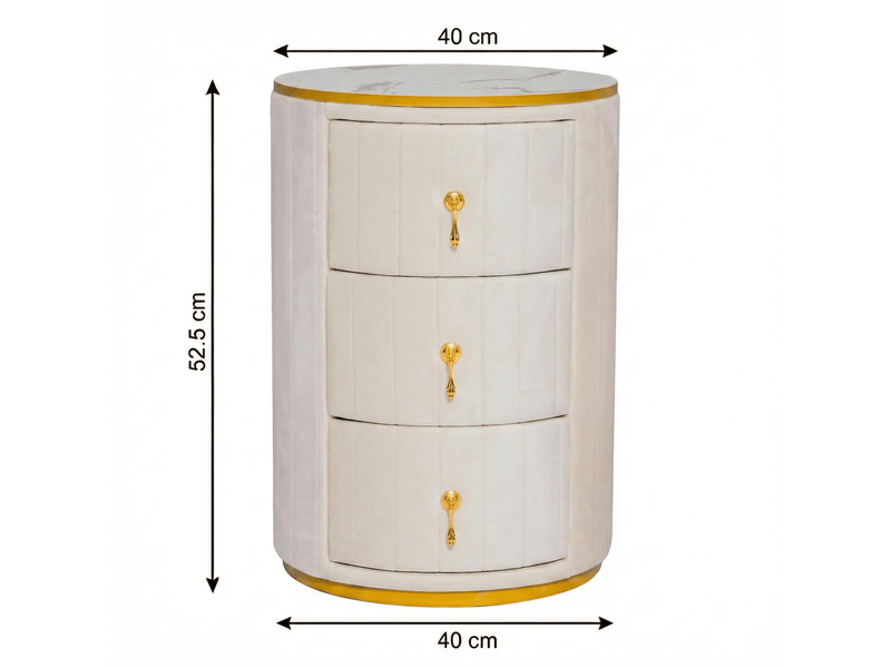 Table de chevet à 3 tiroirs en velours avec plateau effet marbre et finitions dorées pour chambre blanc - Conforama C