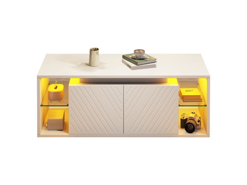  Table basse blanche 100×50×41 cm, table basse moderne avec éclairage led, table d'appoint, table de canapé, table de salon, étagère semi-ouverte et 2 portes, panneaux de particules, charge maximale 30 kg pour le salon  - Conforama A