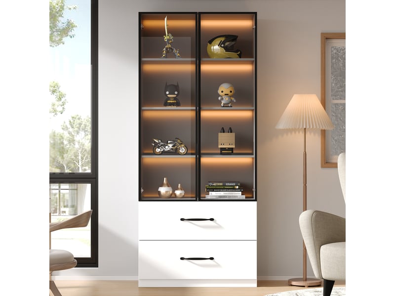  Vitrine en verre avec éclairage led, bibliothèque blanche avec portes en verre et 2 tiroirs, meuble vitrine 60x40x160 cm.  - Conforama R