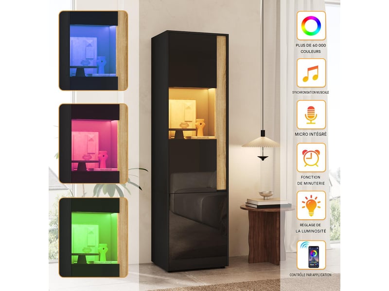  Vitrine colonne 2 portes avec éclairage led 50 x 40 x 179 cm noir et naturel N657P37472223S - Conforama D