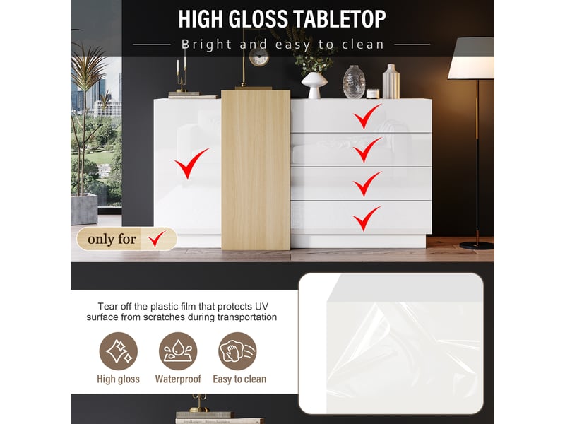  Buffet blanc laqué brillant 140x35x76,5 cm, meuble rangement moderne avec 4 tiroirs et 2 portes, mdf  - Conforama E