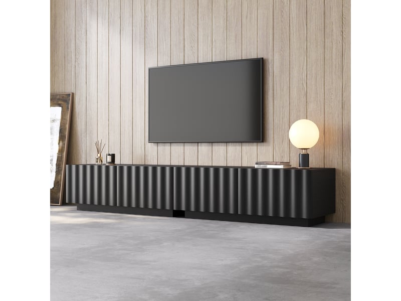 Meuble tv bas 200x40x35 cm, façade ondulée, grand rangement et ouverture par pression, style minimaliste, mdf et aggloméré, noir Bubbly - Conforama E