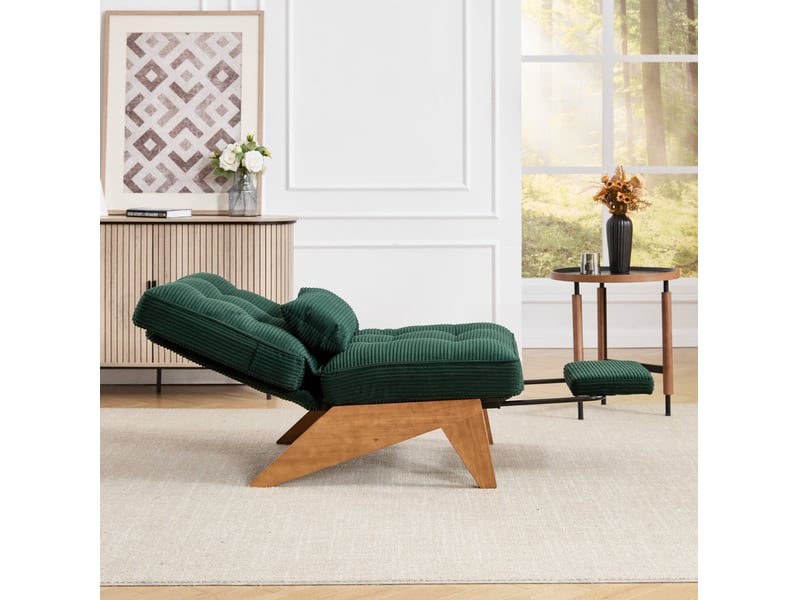  Fauteuil relax inclinable 127x73x90 cm, canapé 1 place avec coussin lombaire, repose-pieds, en tissu côtelé vert émeraude  - Conforama D