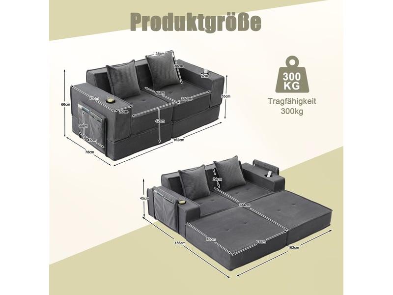  Canapé-lit modulable 2 places en velours côtelé gris foncé, avec coussins, poches latérales et porte-gobelets  - Conforama C
