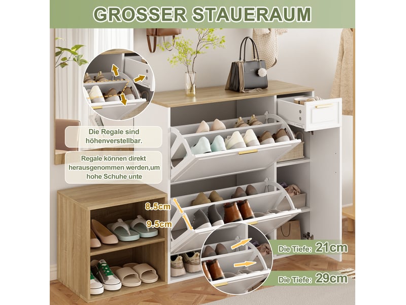  Meubles d'entrée avec meuble à chaussures, banc, panneau mural et miroir, rangement, blanc naturel, 139,5 × 35 × 166 cm  - Conforama E