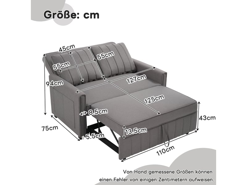 Canapé lit convertible 2 places, canapé lit en tissu lin, canapé 2 places gris antique avec dossier réglable, 127x75x94 cm - Conforama B