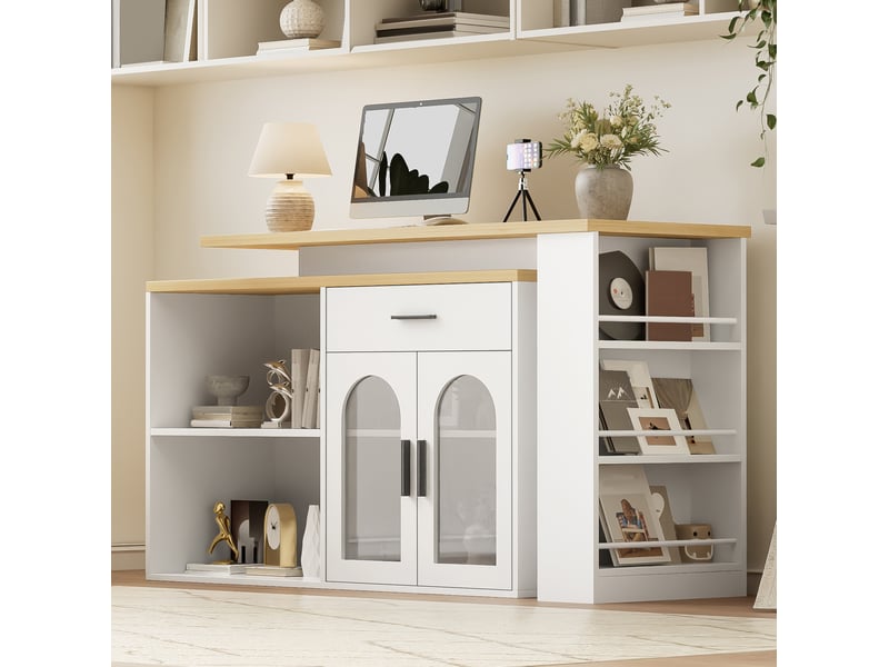  Îlot de cuisine 136x50x78 cm avec plateau pivotant et rangements blanc  - Conforama D