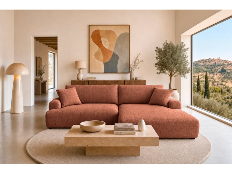  Elias - canapé d'angle convertible tissu chenille 3 places terracotta gauche  - Conforama D