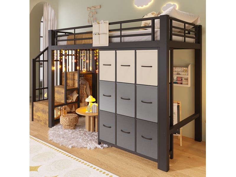  Lit mezzanine 90x200 cm avec tiroirs, penderie, garde-corps et escalier de rangement métal noir sans matelas  - Conforama E
