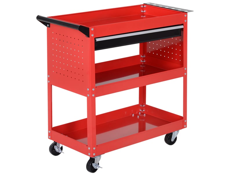 Chariot à outils en acier rouge à 3 niveaux avec tiroir, 4 roulettes et frein, charge 60 kg, pour atelier - Conforama A