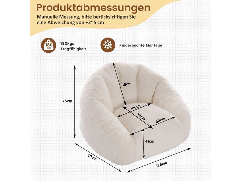  Fauteuil pouf adulte 111x123x75 cm en fausse fourrure, mousse haute densité, compressé sous vide, sans montage, siège lounge blanc crème  - Conforama C
