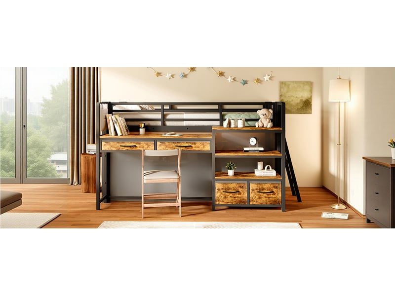  Lit superposé 90x200 cm noir métal avec bureau rangement tiroirs en tissu étagères et led pour chambre enfant Sol Morn - Conforama B