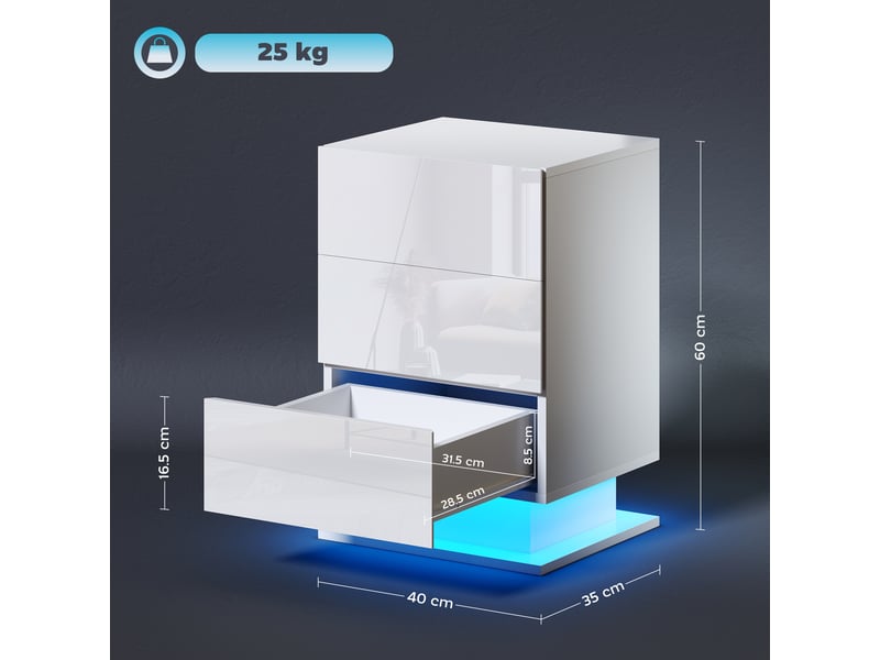  Table de chevet moderne avec éclairage led réglable et télécommande, 3 tiroirs, 40 x 35 x 60 cm, blanc brillant  - Conforama E