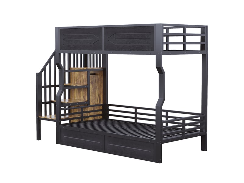 Lit superposés métal 90 x 200 cm avec escalier rangement led armoire garde-corps haut lit ado gain de place noir robuste et moderne - Conforama A