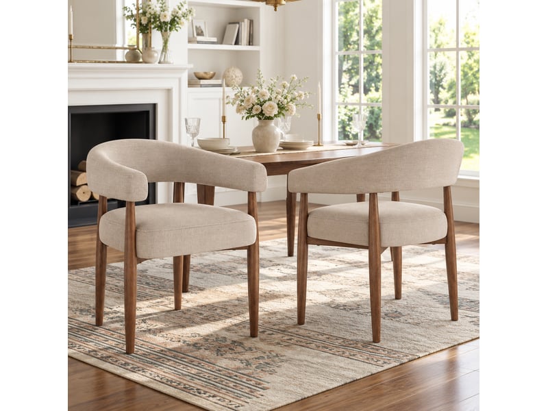  Lot de 2 chaises de salle à manger avec accoudoirs, tissu chenille taupe, métal aspect noyer, style moderne  - Conforama B