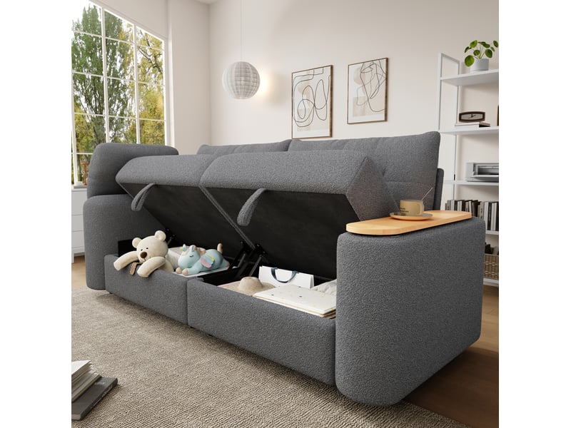  Canapé-lit 2 places modulable avec rangement, appui-tête et table d’appoint pivotante 270° gris  - Conforama D
