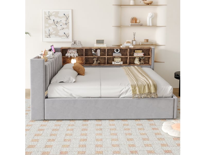 Lit coffre 140x200 cm en velours gris clair avec éclairage et ports usb - Conforama E