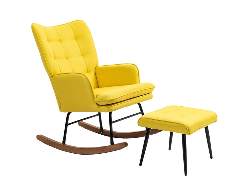 Fauteuil à bascule avec repose-pieds, dossier haut rembourré et accoudoirs, structure en bois et acier, en polyester jaune  - Conforama A