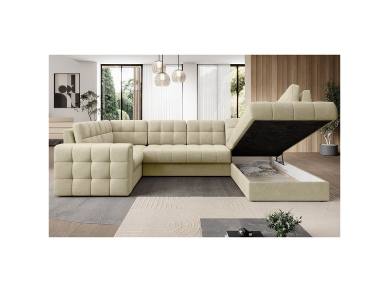 Canapé d'angle convertible monteza beige 299 cm avec coffre et couchage - Conforama D