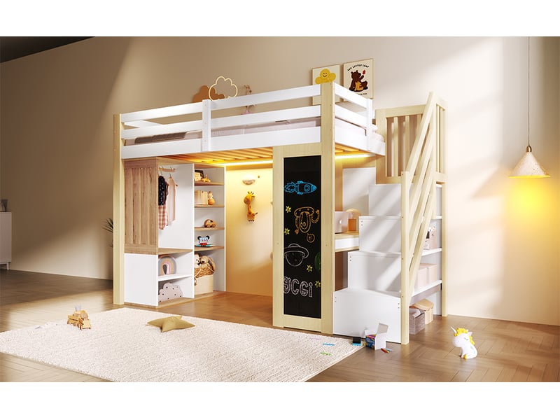  Lit mezzanine 90 × 200 cm, bureau, armoire, étagères, escalier de rangement, avec tableau et led, blanc et naturel  - Conforama B