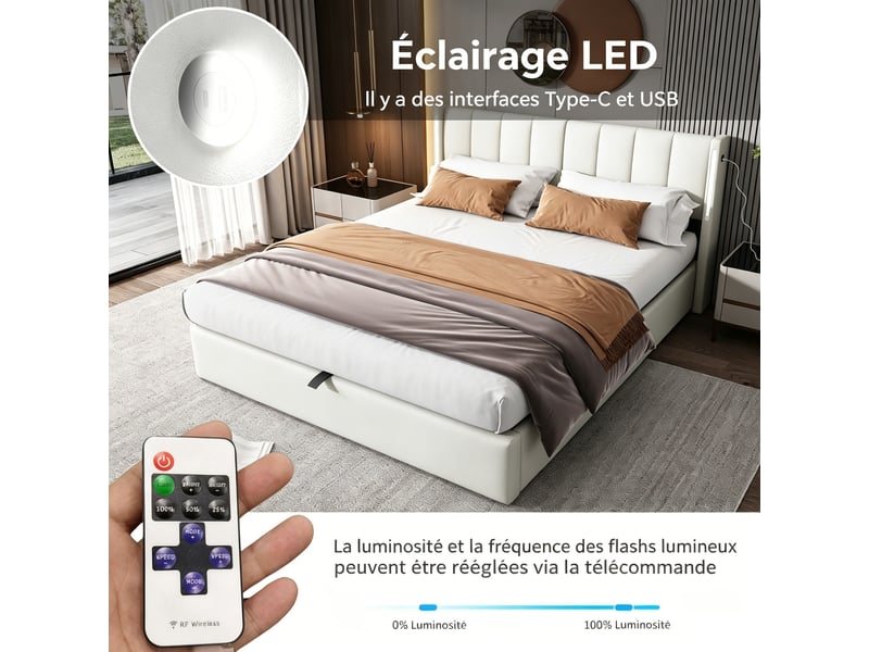  Lit coffre 180x200 cm avec éclairage led, port usb, rangement hydraulique et tête de lit réglable, pu blanc  - Conforama D