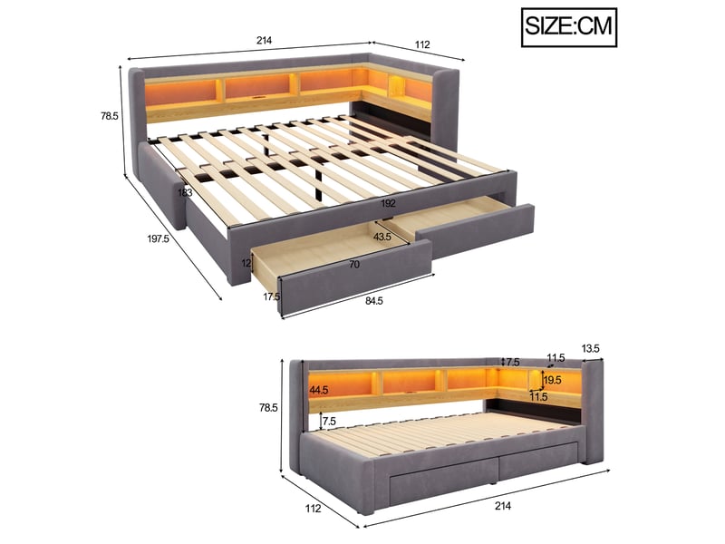 Lit banquette 90x200 cm – gris – couchage extensible 180x200 cm, tiroirs, led et prise - sans matelas - Conforama C