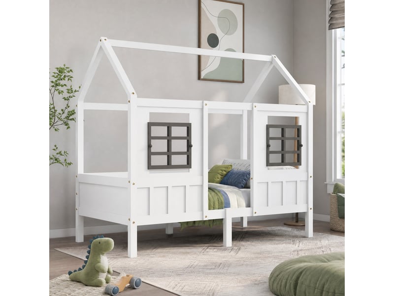  Lit cabane enfant 200×90 cm avec 2 fenêtres et barrières de protection, sans matelas, en pin massif et mdf blanc  - Conforama B