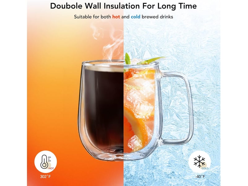 Tasse double paroi en verre 350ml avec poignée – set de 2 mugs en verre - Conforama D