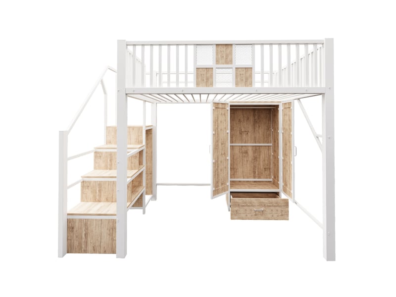 Lit mezzanine 140x200 cm avec armoire et rangements, coloris blanc - Conforama E