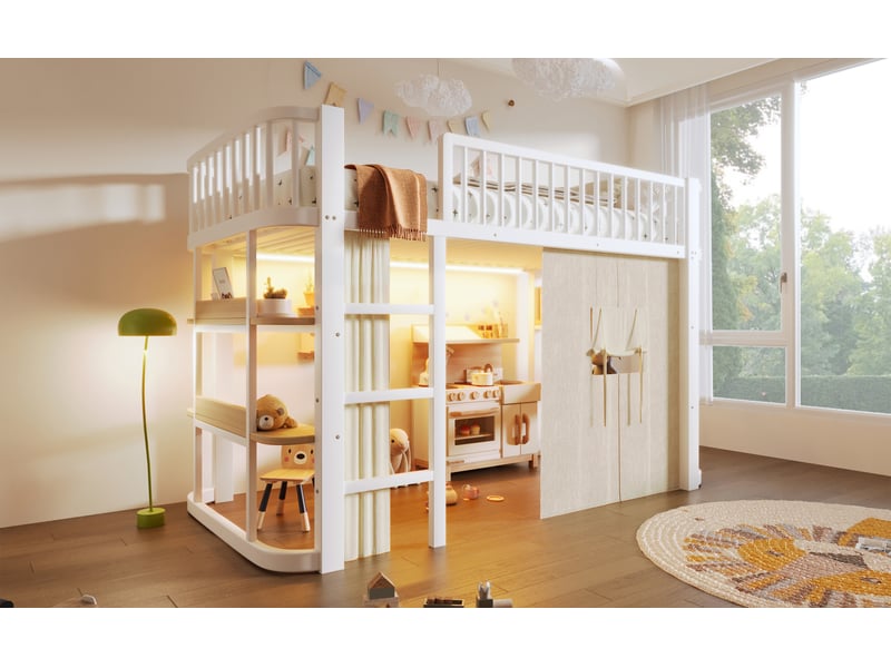  Lit mezzanine enfant 90 x 200 cm avec rideaux occultants et éclairage led, étagères ouvertes et garde-corps, métal, blanc Morn Vibe - Conforama B