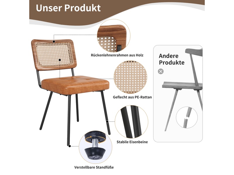  Lot de 6 chaises de salle à manger,61x46x79 cm,style rétro,similicuir,marron  - Conforama E