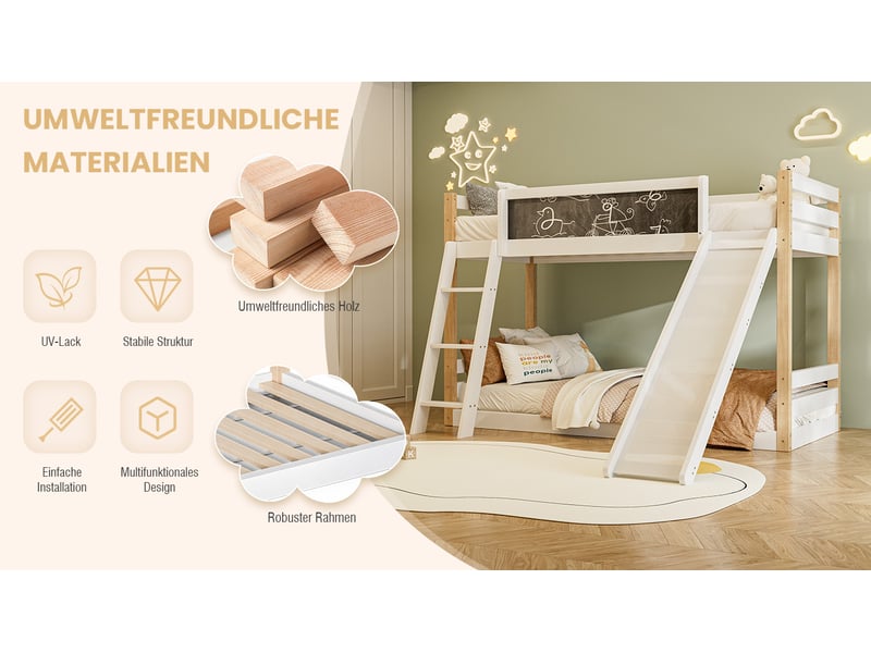  Lit superposé enfant 90x200 en bois avec toboggan et escalier - structure robuste, certifié écologique  - Conforama E