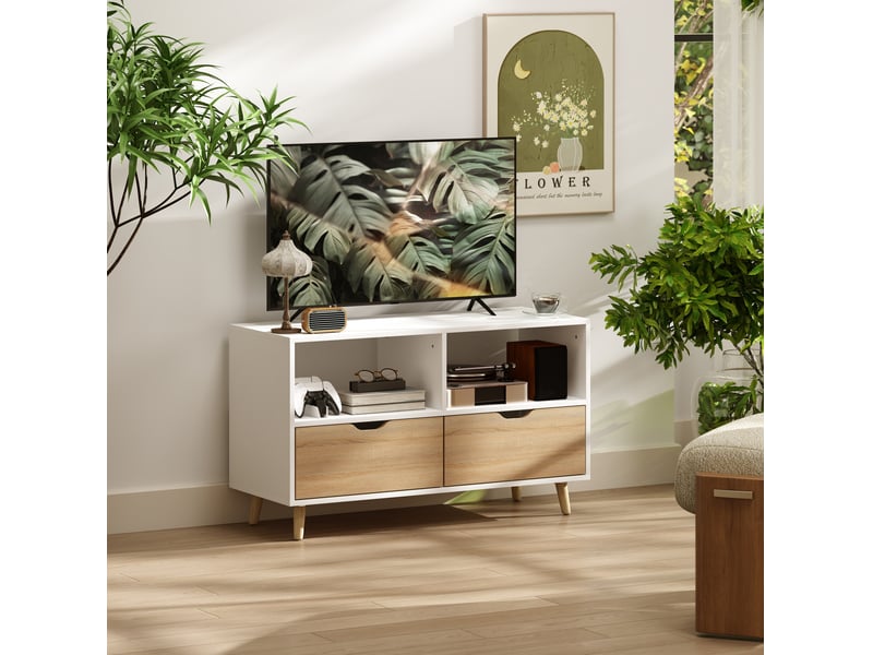  Meuble tv ulevr 99 cm avec 2 niches et 2 tiroirs, rangement câbles, panneau de particules blanc  - Conforama B