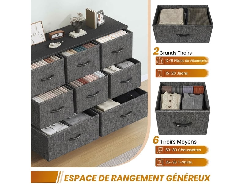  Chiffonnier meuble 100x30x76 cm huit tiroirs tissu gris fonce et metal noir chambre  - Conforama D