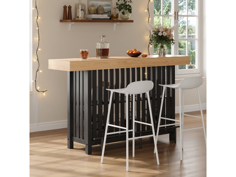  Table de bar 160x40x105 cm avec repose-pieds et rangement à 2 niveaux en mdf couleur noir et bois  - Conforama D