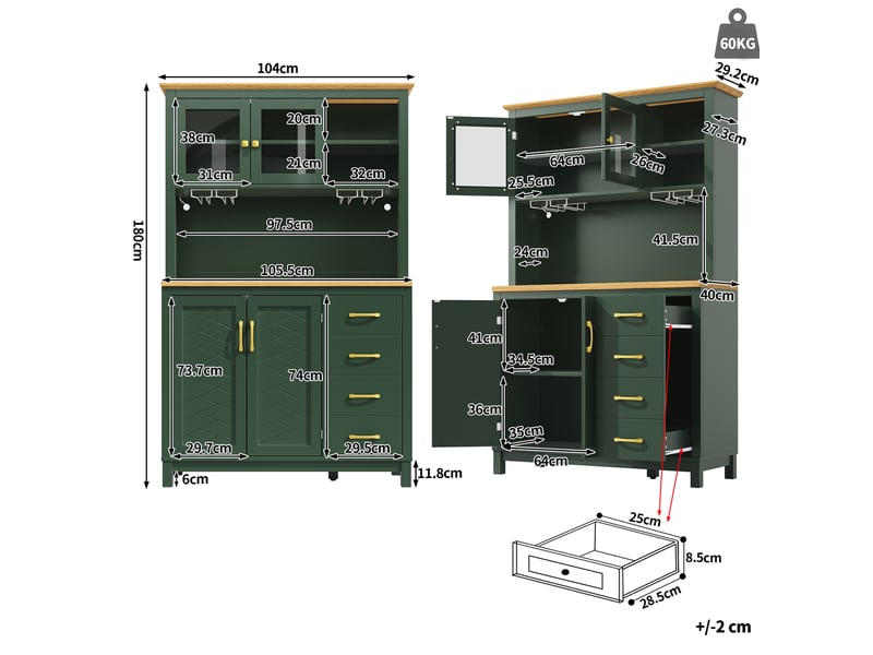  Buffet de cuisine 4 portes, 4 tiroirs, led et porte-verres, 105,5 x 40 x 180 cm, vert  - Conforama C