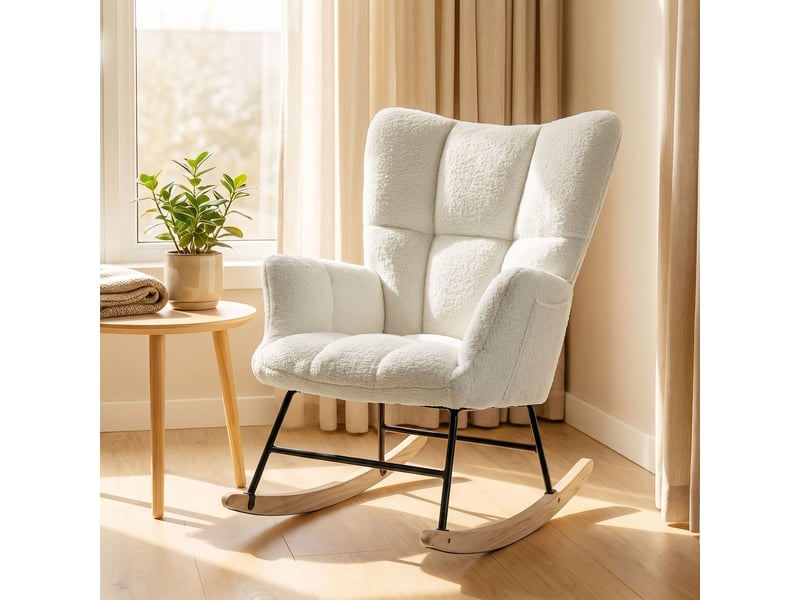  Fauteuil à bascule à dossier haut, recouvert de velours teddy couleur crème  - Conforama D