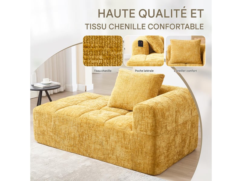  Méridienne 1 place en tissu chenille jaune avec coussin et poches latérales W2845P279856 - Conforama D