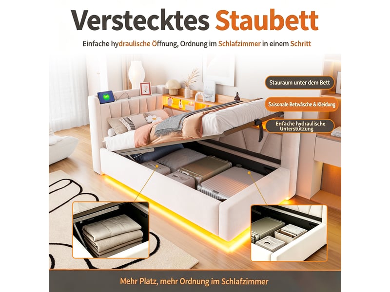  Lit banquette coffre 90x200cm avec levage hydraulique, led, usb, dossier avec rangements, accoudoir et velours beige pour chambre enfant et rangement  - Conforama E