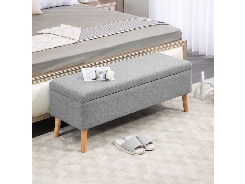 Banc de rangement 110 x 39 x 45 cm gris en polyester, assise rembourrée avec coffre et pieds en bois d'hévéa  - Conforama B