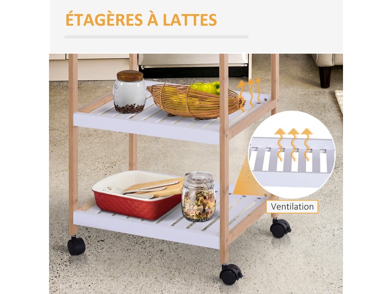  Chariot de service desserte de cuisine à roulettes 2 étagères + plateau amovible bois de pin blanc mdf  - Conforama R