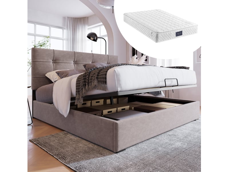  Lit coffre 140 x 200 cm gris clair en velours avec matelas et tête de lit réglable  - Conforama C