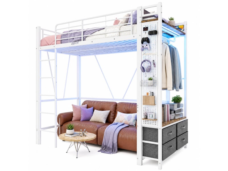  Lit mezzanine 200×90 cm avec 4 tiroirs, étagères, éclairage led et ports usb et usb-c, sans matelas, blanc  - Conforama A