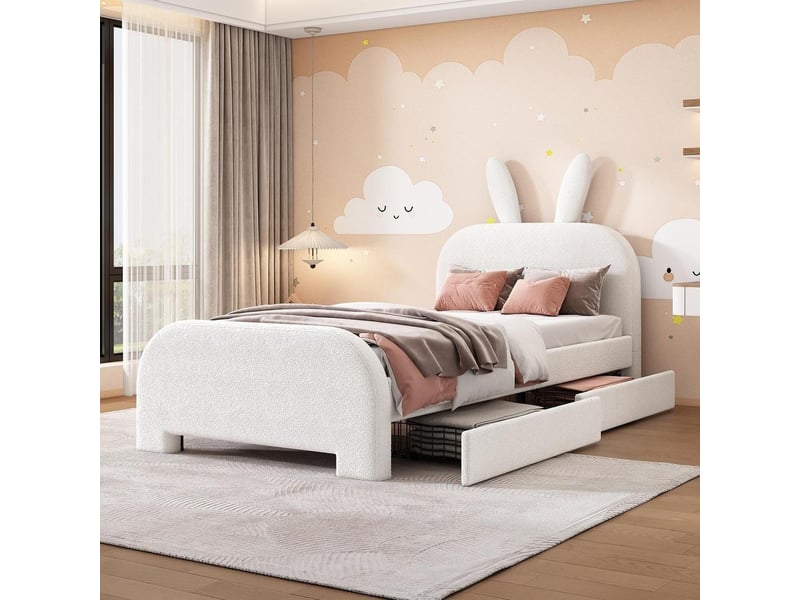  Lit plat rembourré enfant 90x200 cm, forme lapin en laine, deux tiroirs, doux et chaleureux, sans matelas, très pratique, blanc  - Conforama B