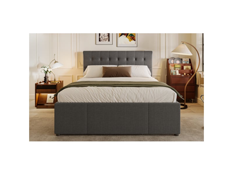  Lit 140x200 cm gris tissu – tête réglable, 3 tiroirs et lit gigogne, sans matelas  - Conforama D