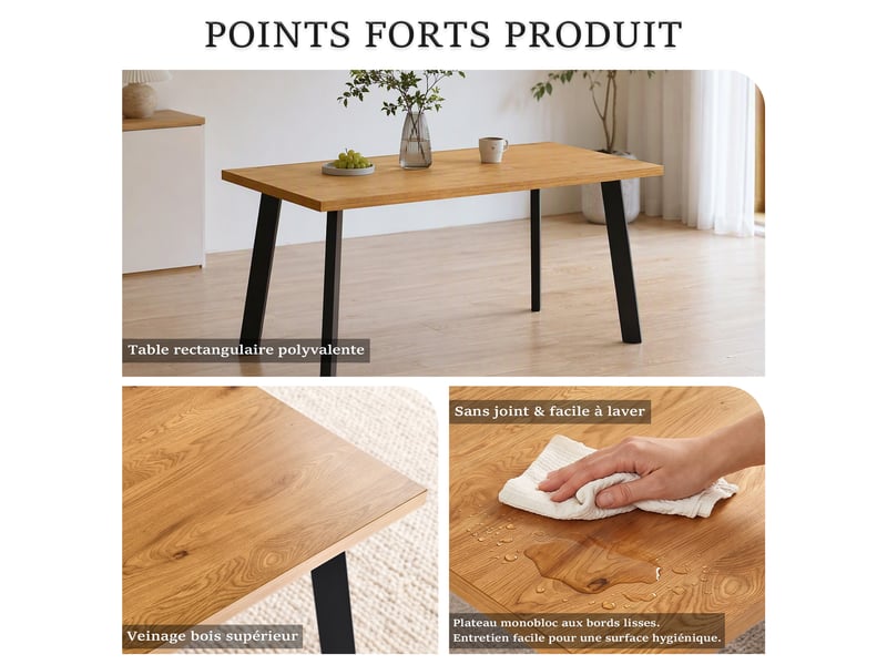 Table de salle à manger - plateau monobloc robuste et pieds évasés en métal avec patins réglables - chêne sauvage - Conforama E