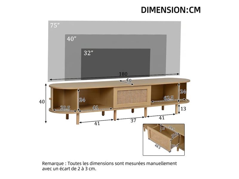  Meuble tv bois clair 180 cm avec portes coulissantes, finition effet rotin, pour tv jusqu'à 75 pouces  - Conforama C